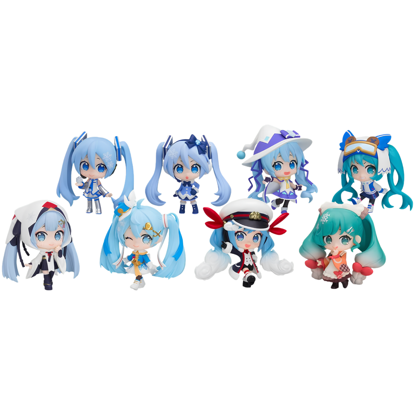 Eight chibi versions of Hatsune Miku, all with different cute outfits and poses.