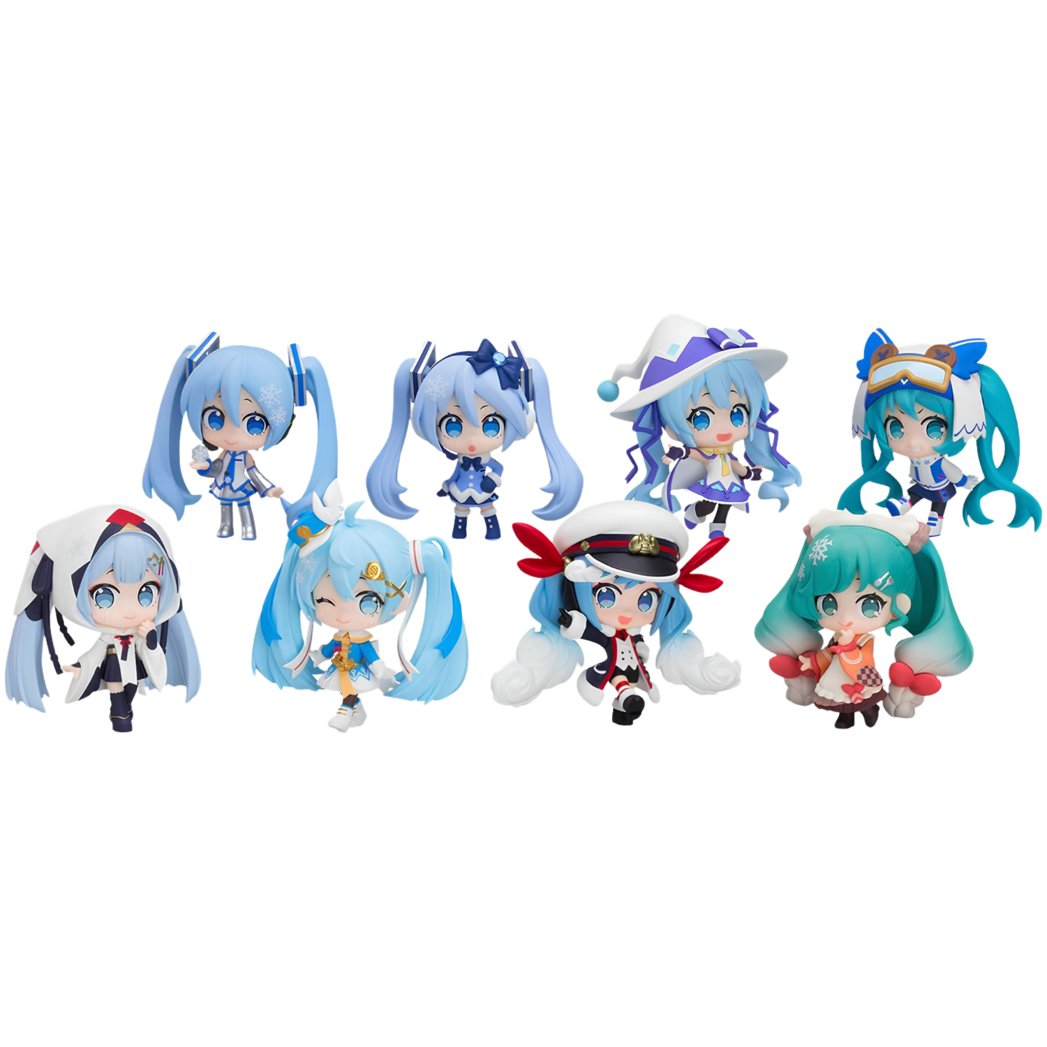 Eight chibi versions of Hatsune Miku, all with different cute outfits and poses.