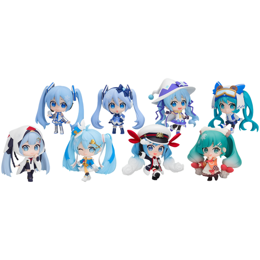Eight chibi versions of Hatsune Miku, all with different cute outfits and poses.