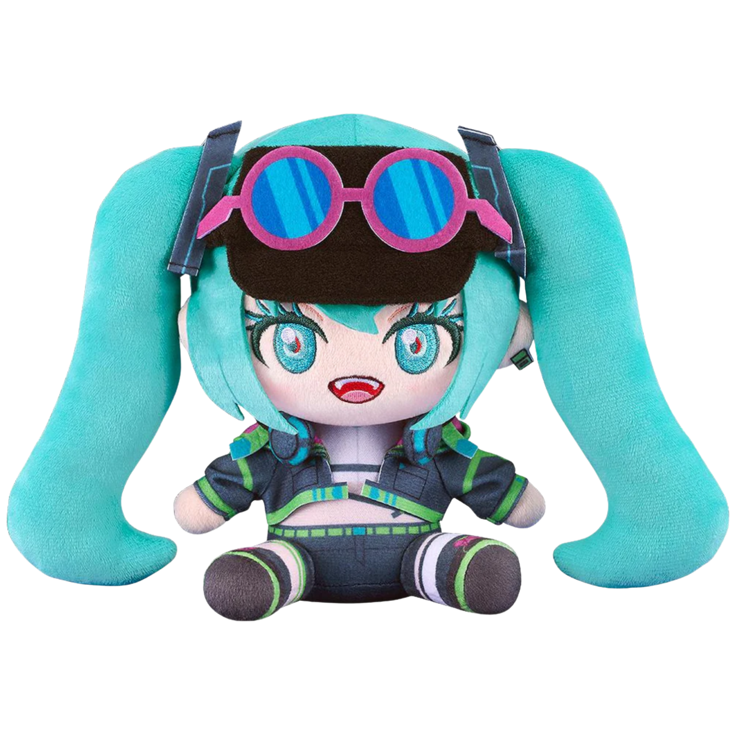 Plush toy with teal hair and colorful glasses on a white background