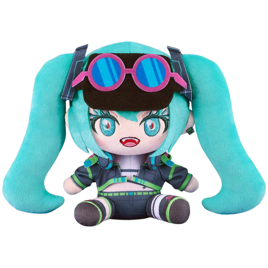 Plush toy with teal hair and colorful glasses on a white background