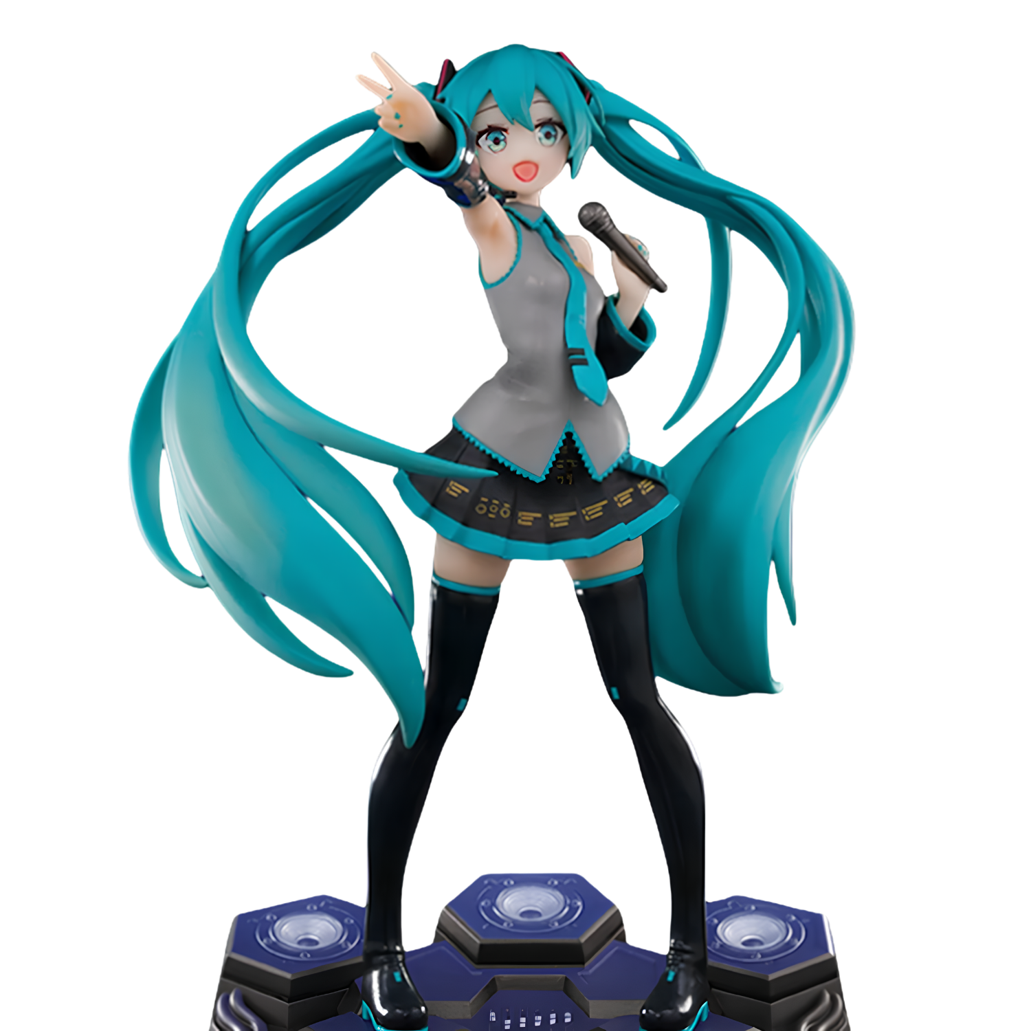 A collectible figurine of Hatsune Miku standing on a blue and black platform, featuring her signature turquoise hair, gray and black outfit, and holding a microphone, set against a plain white background.