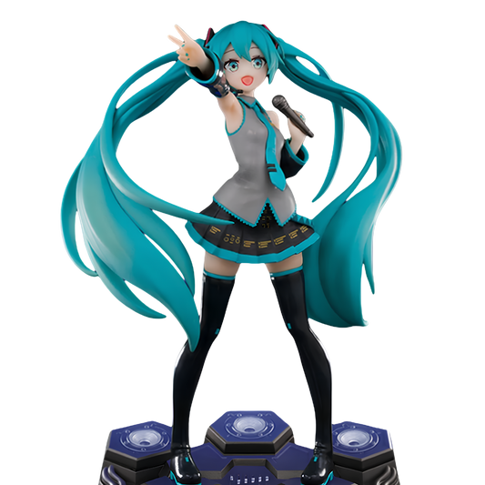 A collectible figurine of Hatsune Miku standing on a blue and black platform, featuring her signature turquoise hair, gray and black outfit, and holding a microphone, set against a plain white background.
