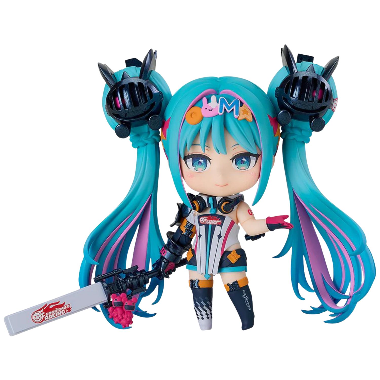 Anime character figurine with blue hair and a sword on a white background