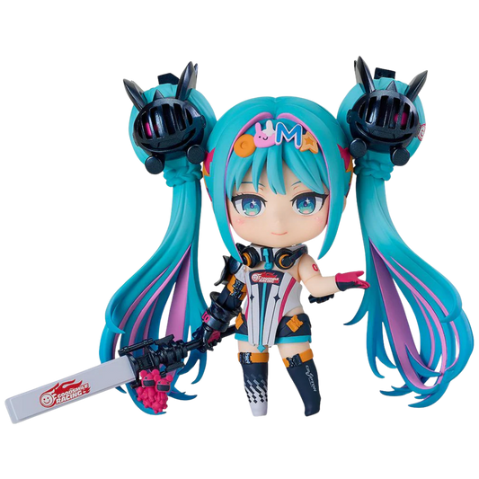 Anime character figurine with blue hair and a sword on a white background