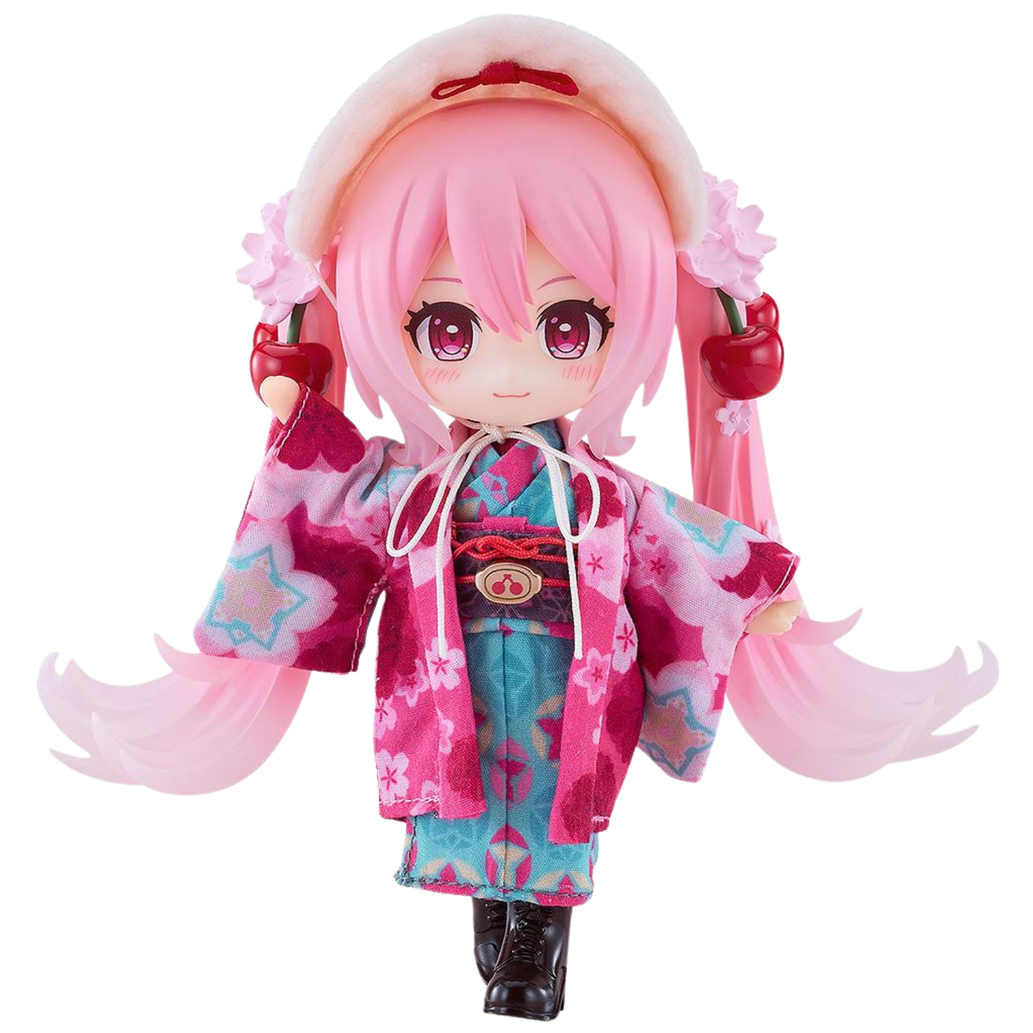 Anime character figurine with pink hair and traditional outfit on a white background