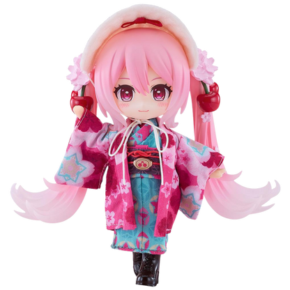 Anime character figurine with pink hair and traditional outfit on a white background