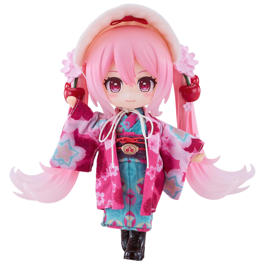 Anime character figurine with pink hair and traditional outfit on a white background