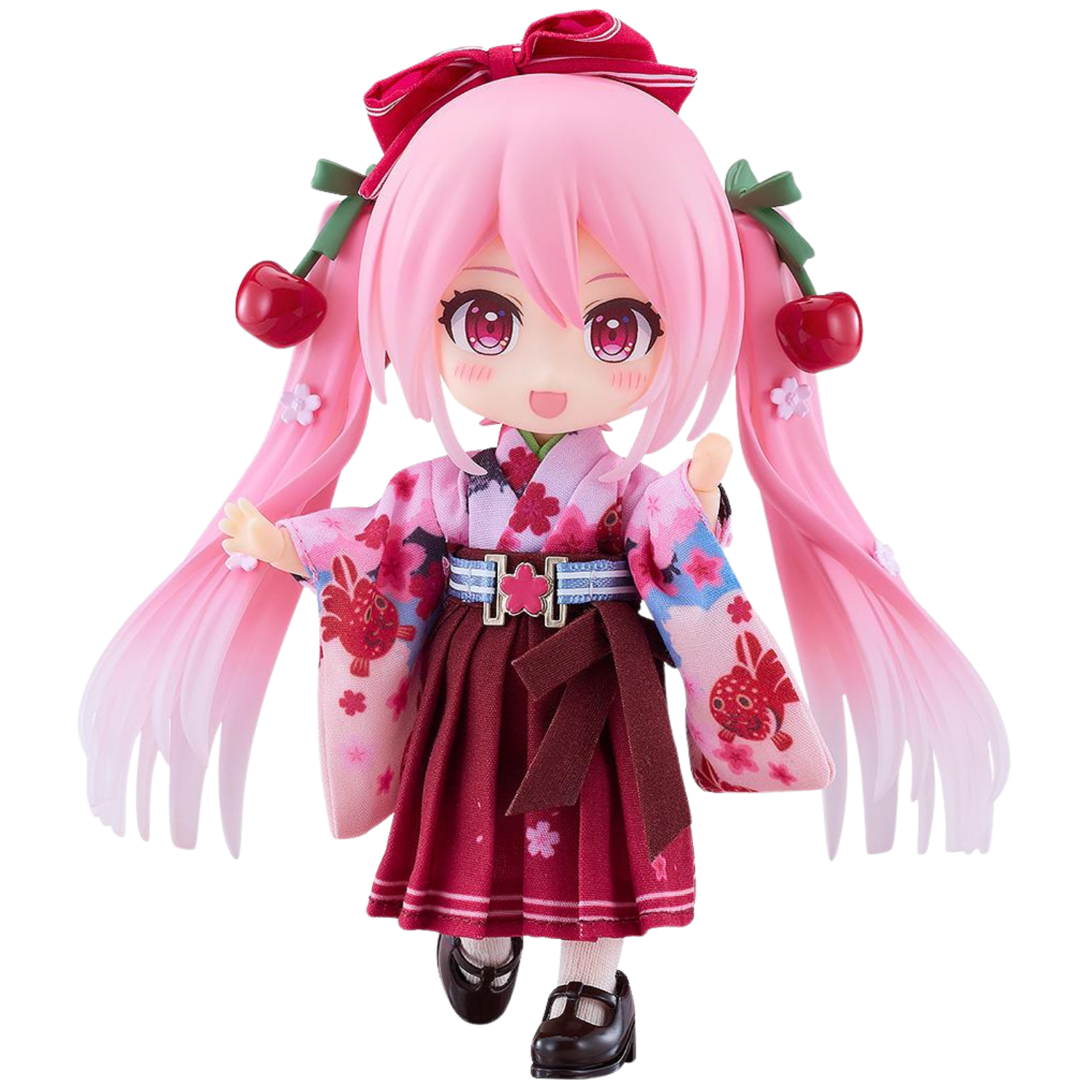 Anime character figurine with pink hair and cherry decorations on a white background