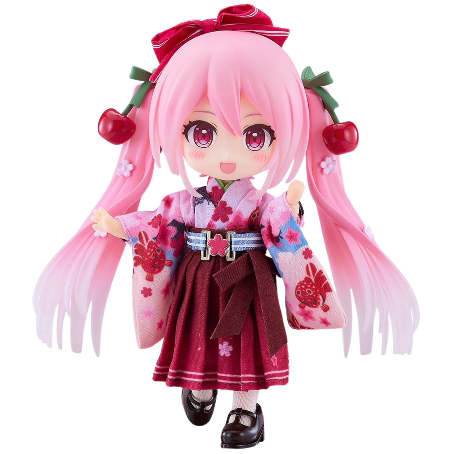 Anime character figurine with pink hair and cherry decorations on a white background