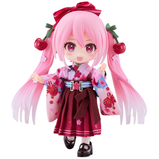 Anime character figurine with pink hair and cherry decorations on a white background