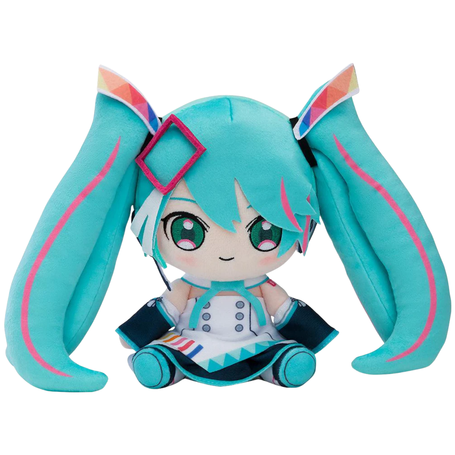 Plush toy of a character with turquoise hair and outfit on a white background