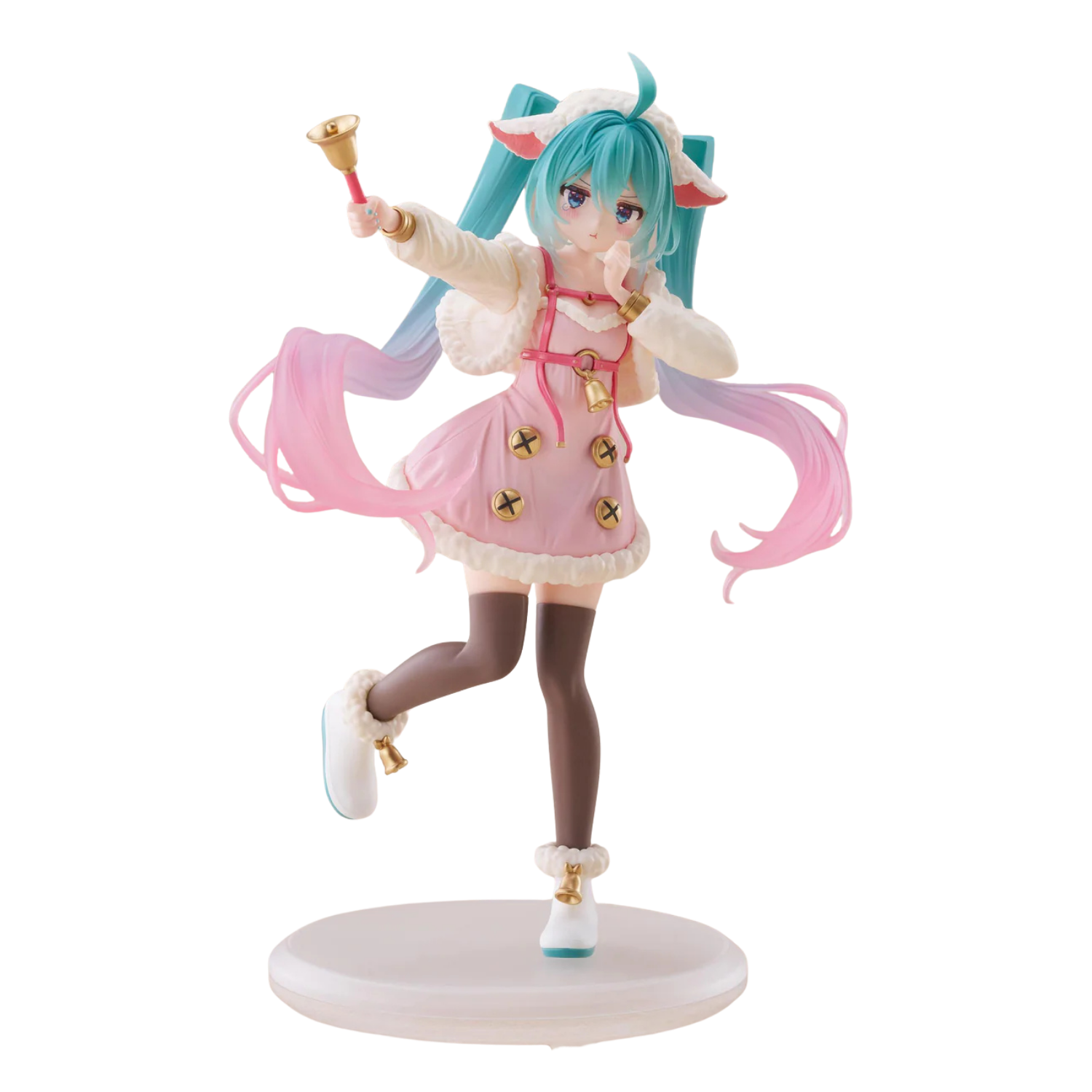 Anime character figurine with pink and blue hair on a white background