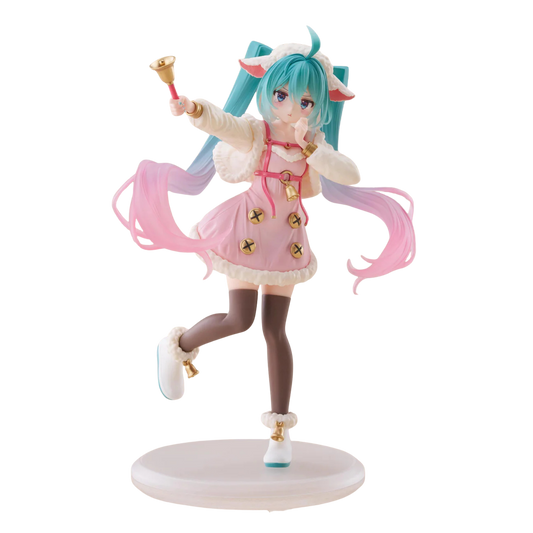 Anime character figurine with pink and blue hair on a white background