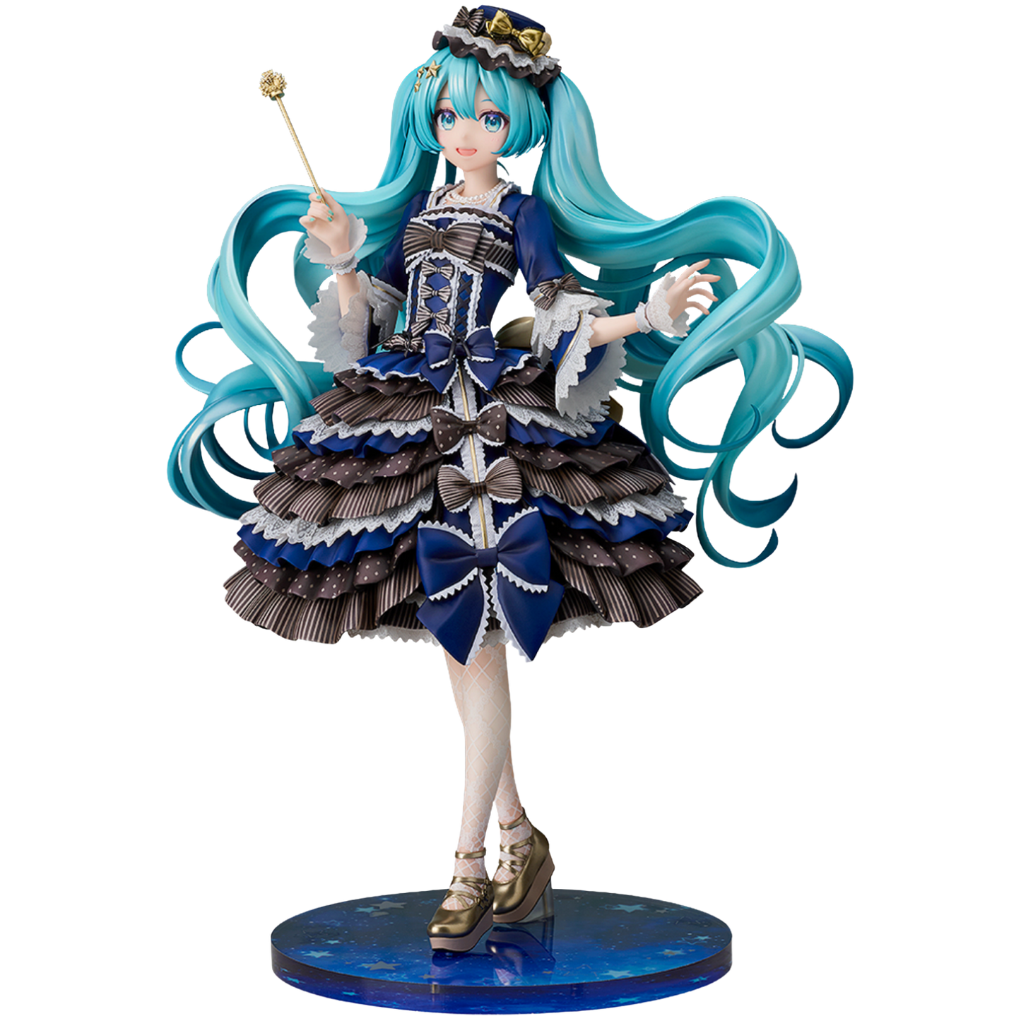 Figurine with turquoise hair and elaborate dress on a white background