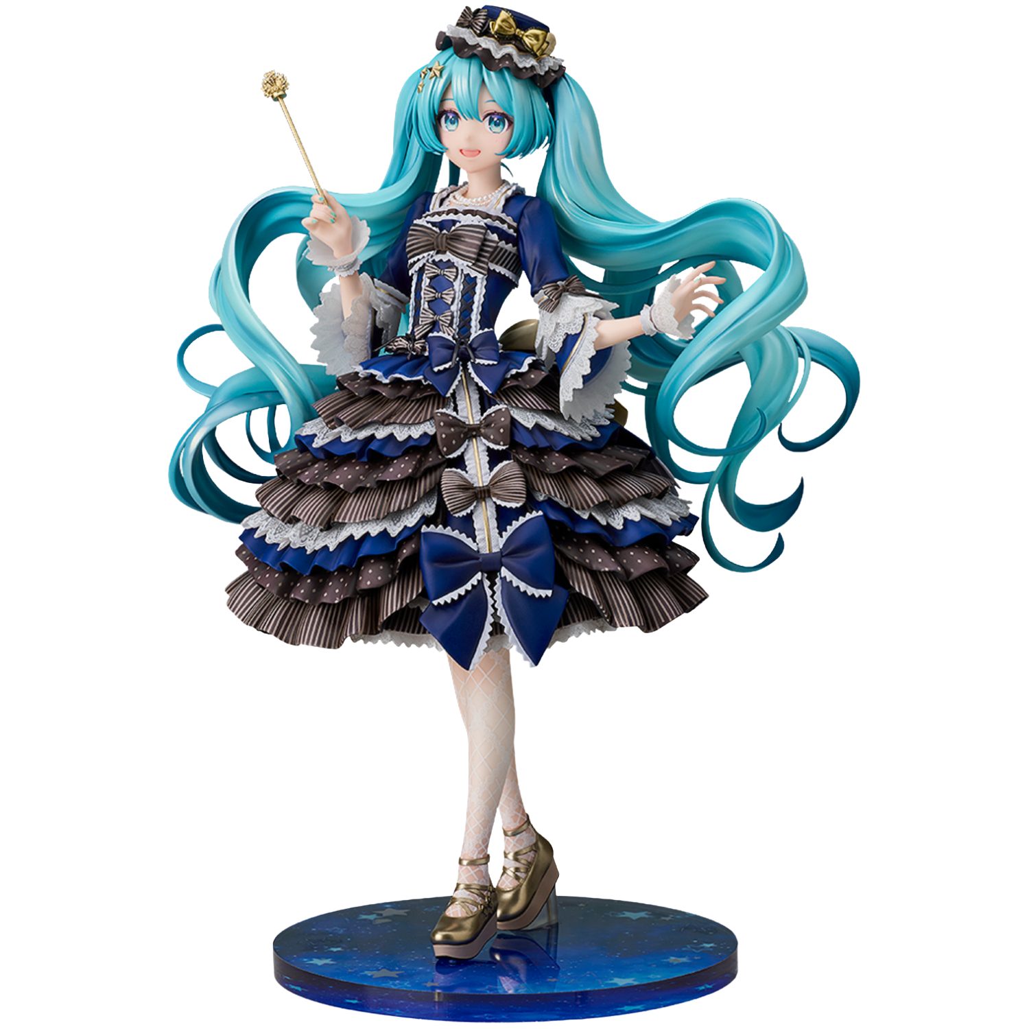 Figurine with turquoise hair and elaborate dress on a white background