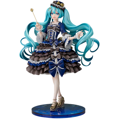 Figurine with turquoise hair and elaborate dress on a white background