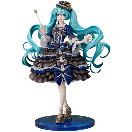 Figurine with turquoise hair and elaborate dress on a white background