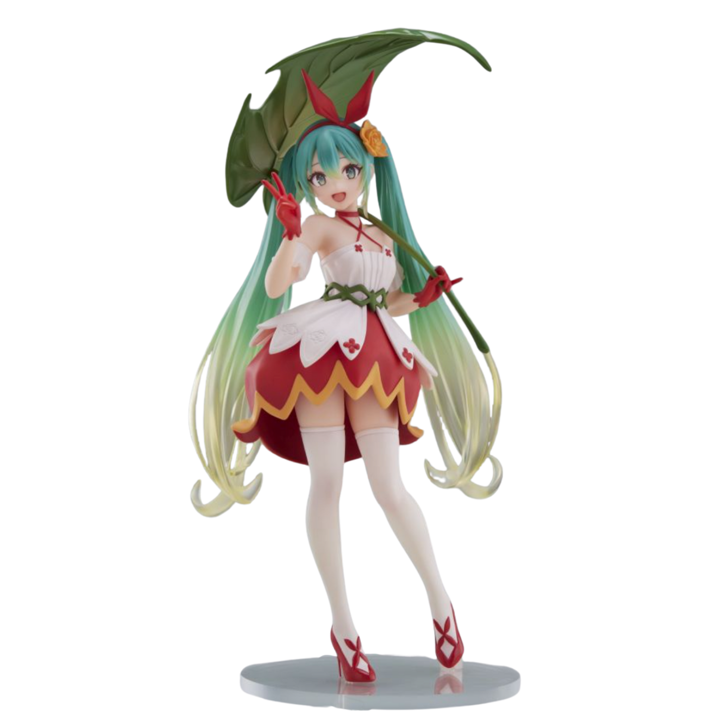 Anime character figurine with green hair and a red and white outfit on a white background