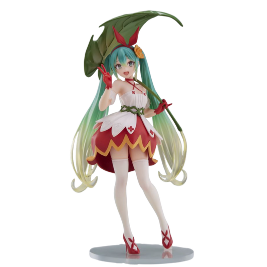Anime character figurine with green hair and a red and white outfit on a white background