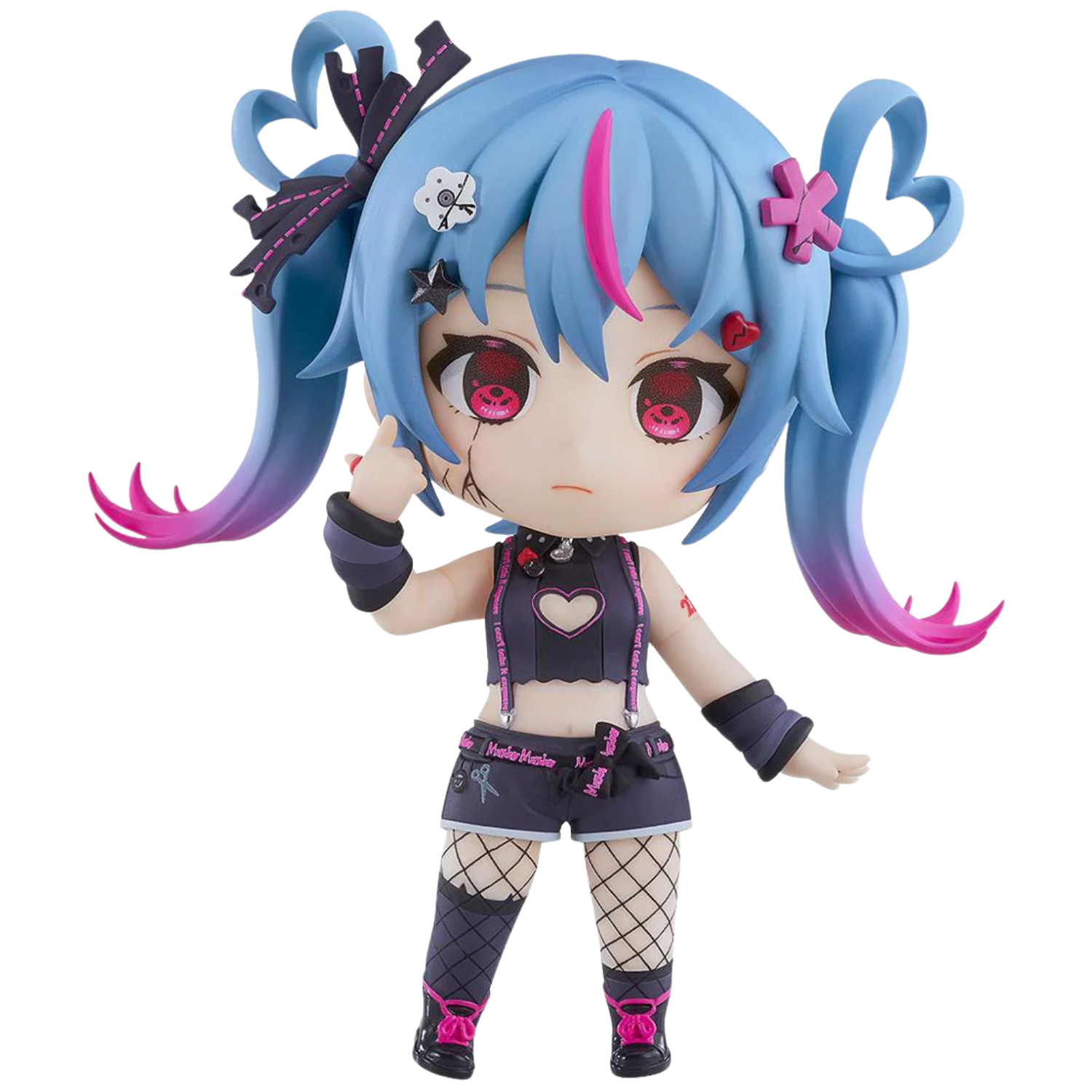 Anime-style figurine with blue and pink hair on a white background