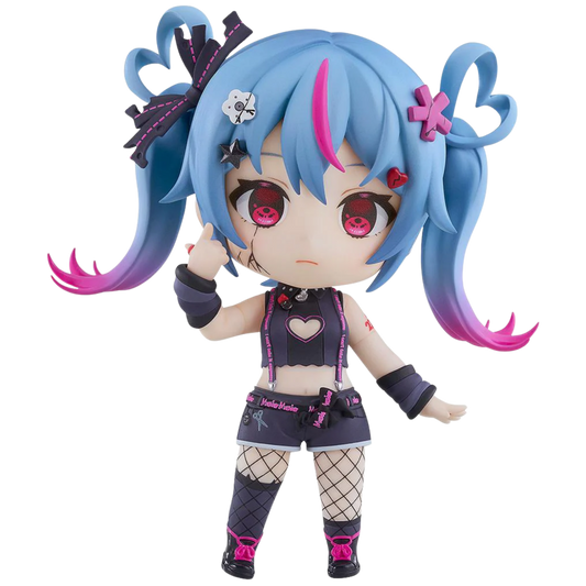 Anime-style figurine with blue and pink hair on a white background