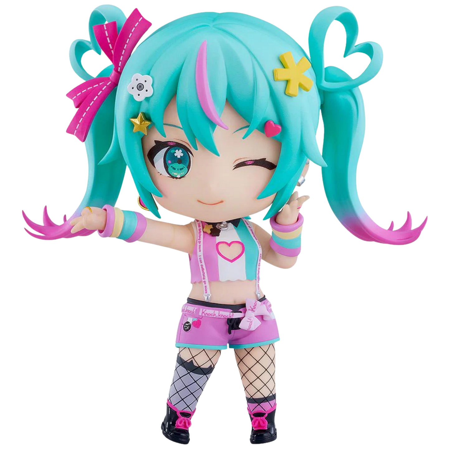 Colorful anime-style figurine with turquoise hair and pink accessories on a white background