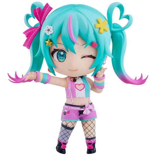 Colorful anime-style figurine with turquoise hair and pink accessories on a white background