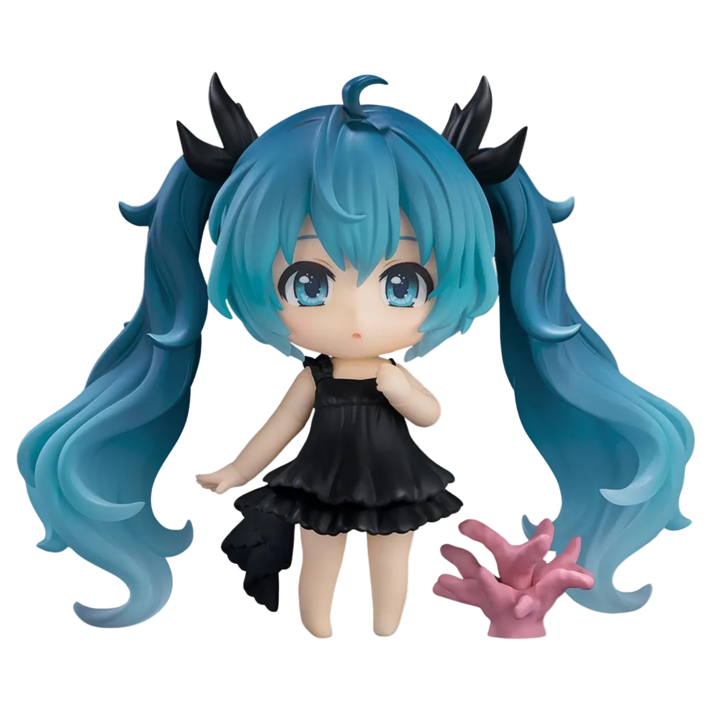 Anime character figurine with blue hair and black dress on a white background