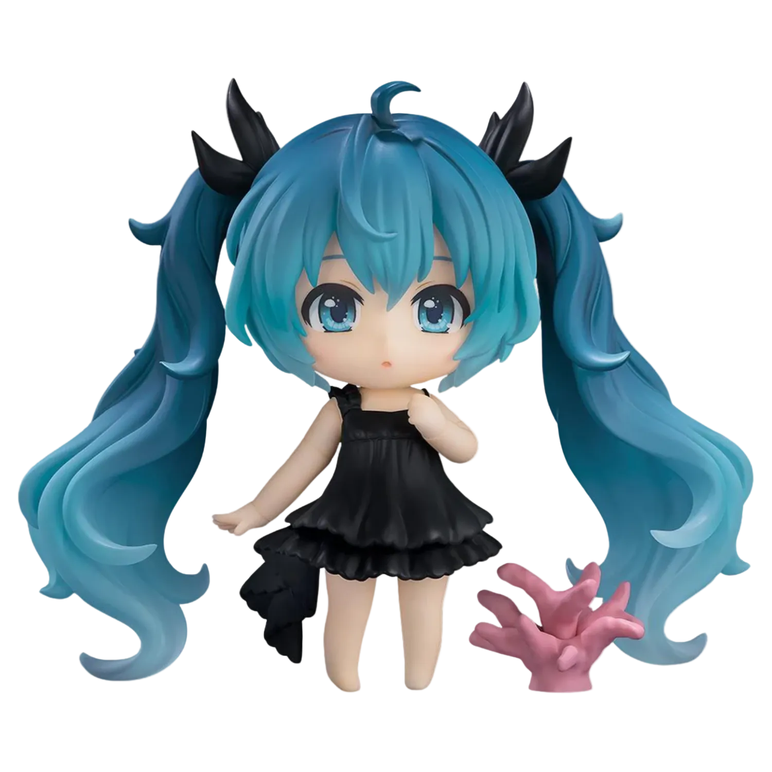 Anime character figurine with blue hair and black dress on a white background