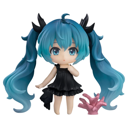 Anime character figurine with blue hair and black dress on a white background