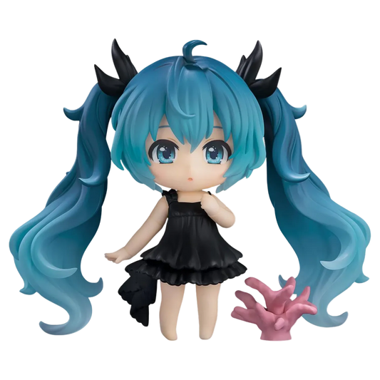 Anime character figurine with blue hair and black dress on a white background