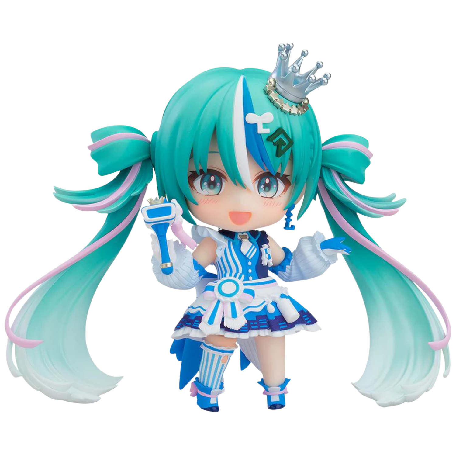 Anime character figurine with teal hair and blue outfit on a white background