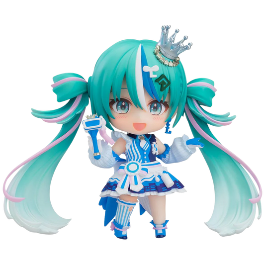 Anime character figurine with teal hair and blue outfit on a white background