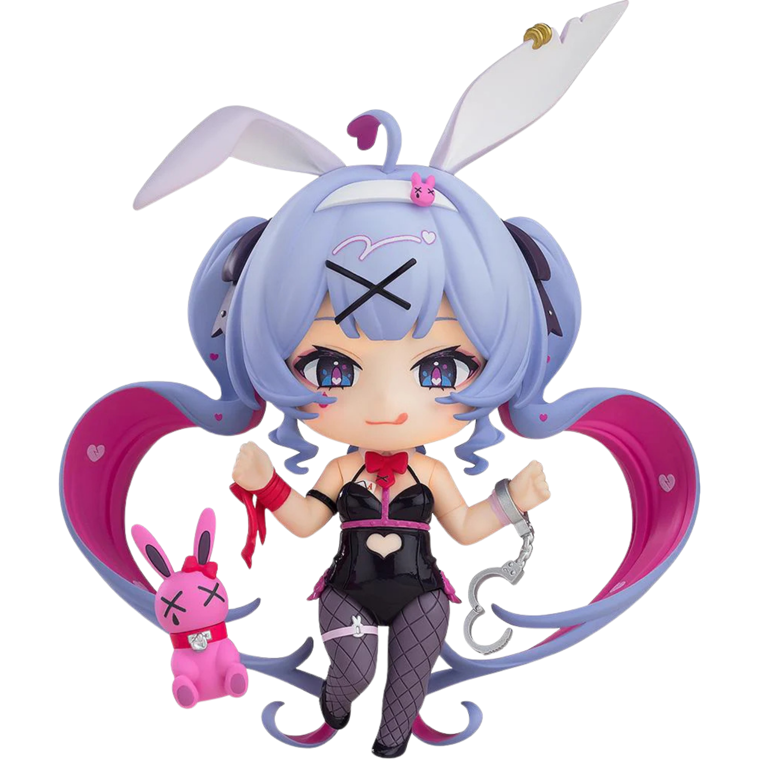 Anime character figurine with bunny ears and pink hair on a white background