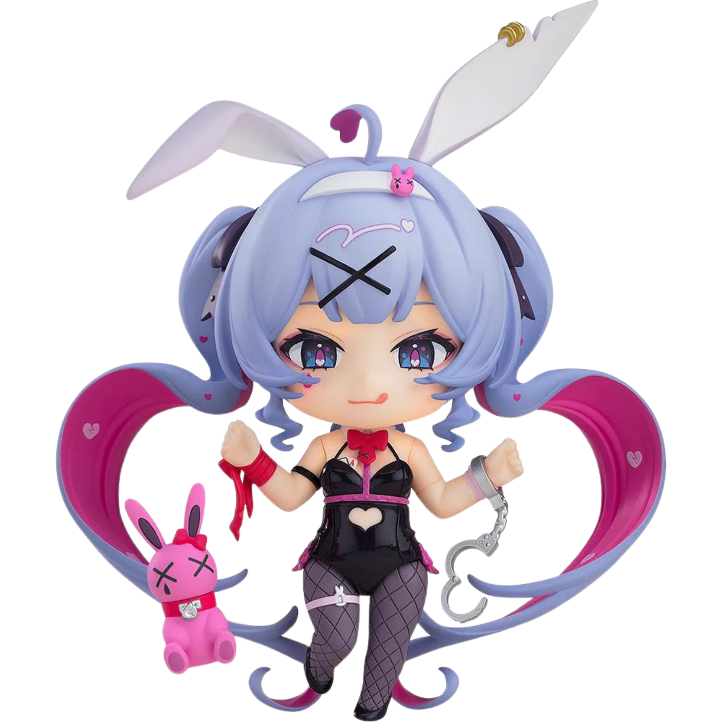 Anime character figurine with bunny ears and pink hair on a white background