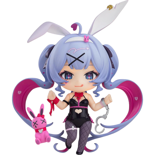Anime character figurine with bunny ears and pink hair on a white background