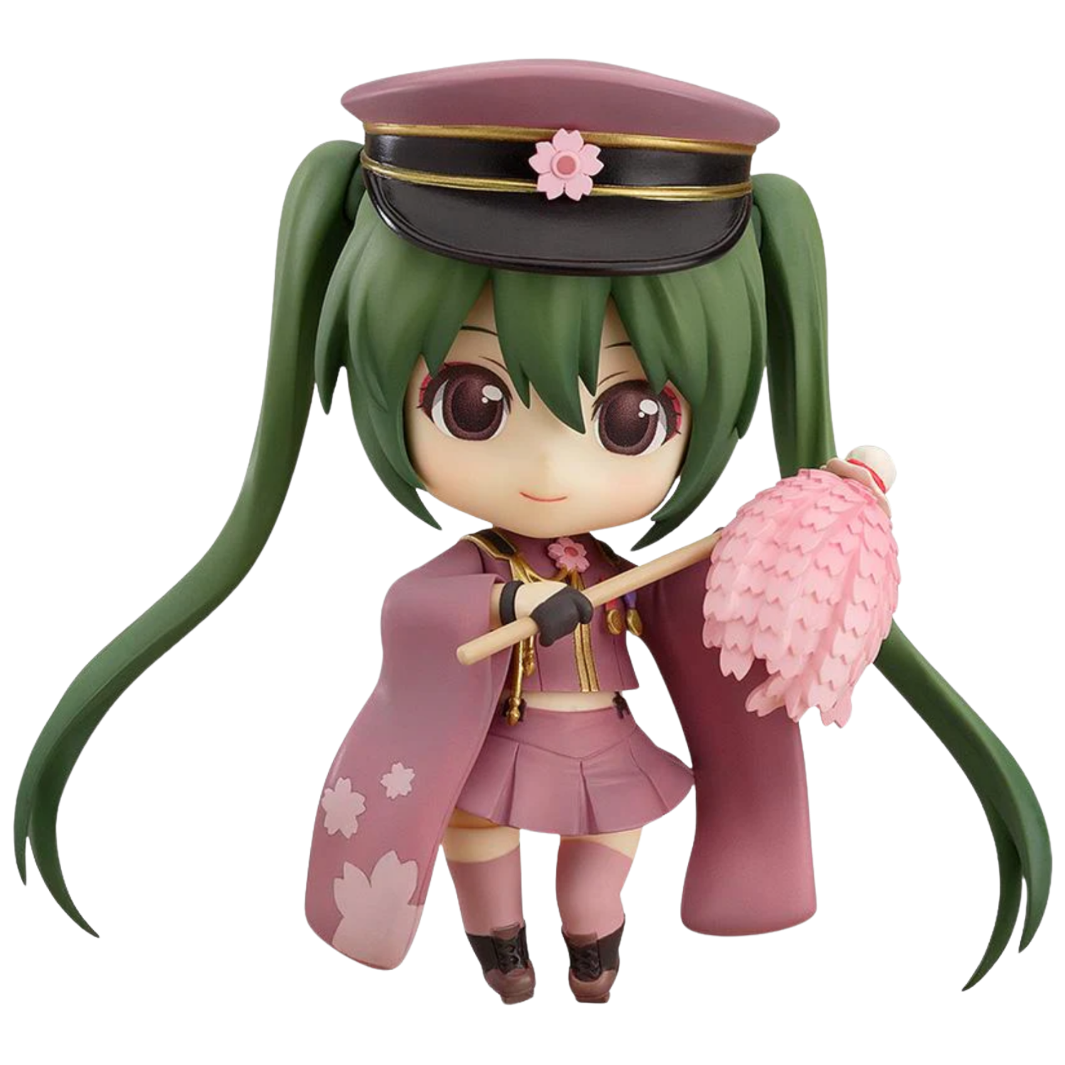 Anime character figurine with green hair and pink outfit on a white background
