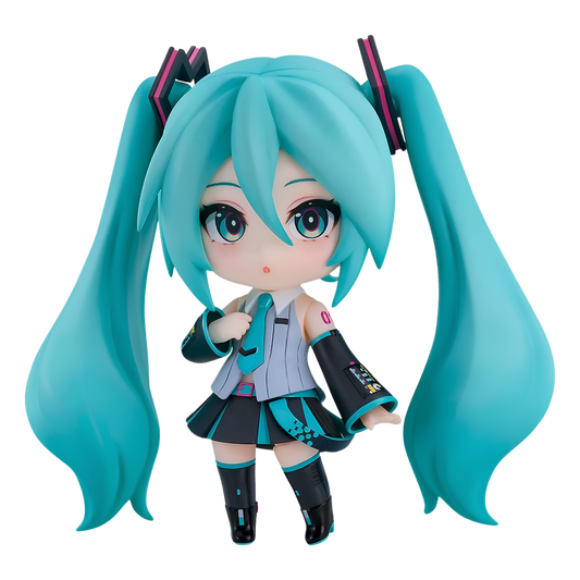 A chibi-style vinyl figure of Hatsune Miku with long turquoise twin-tails, wearing a light gray and black outfit with teal accents, shown against a plain white background.