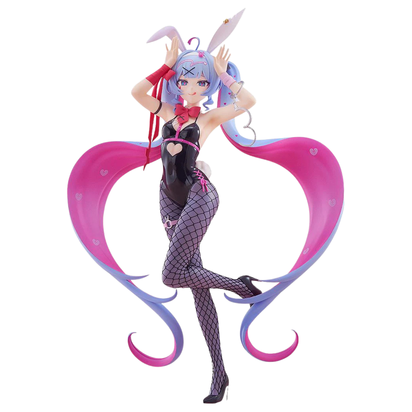 Animated character figurine with pink and purple hair, black outfit, and large pink and purple tail on a white background
