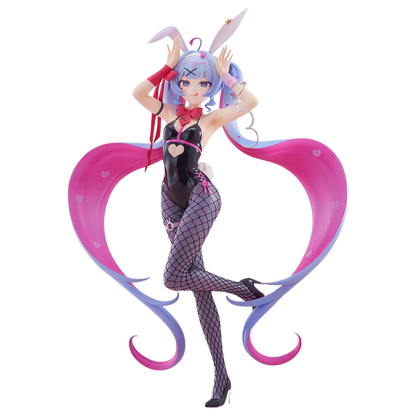 Animated character figurine with pink and purple hair, black outfit, and large pink and purple tail on a white background