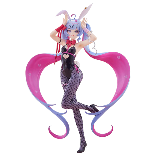 Animated character figurine with pink and purple hair, black outfit, and large pink and purple tail on a white background