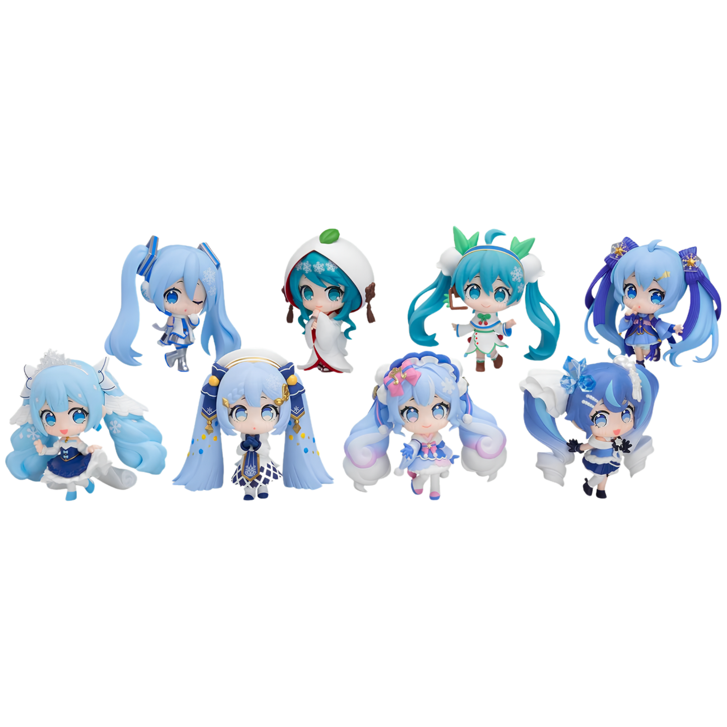 A set of eight chibi-style vinyl figures with long blue hair and anime-inspired outfits, arranged on a plain white background.