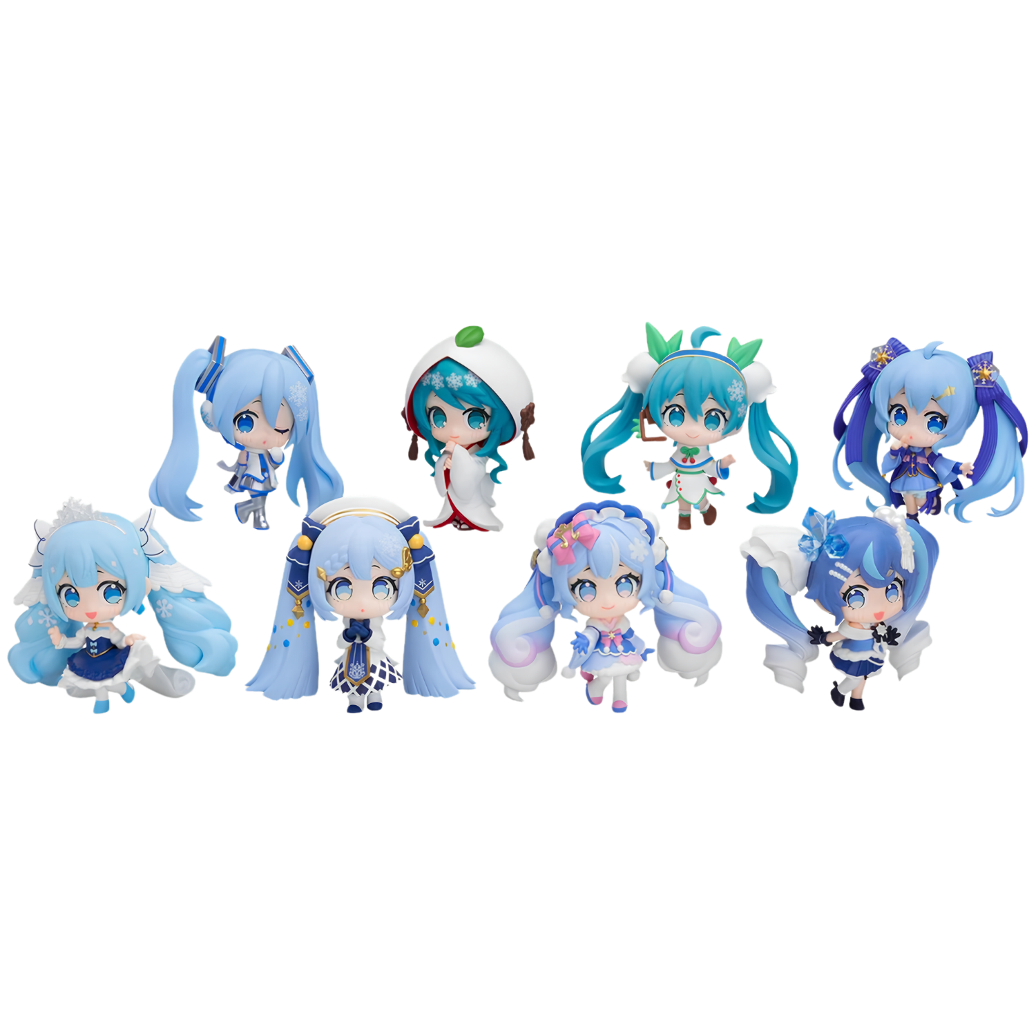 A set of eight chibi-style vinyl figures with long blue hair and anime-inspired outfits, arranged on a plain white background.