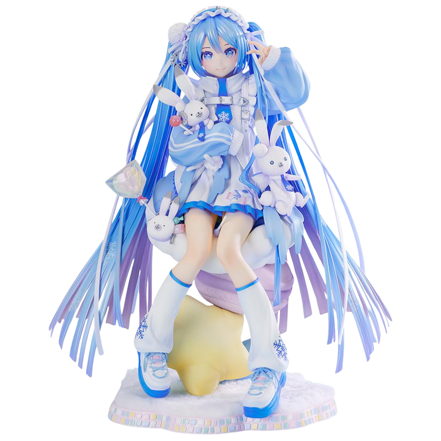 Anime character figurine with blue hair and winter-themed outfit on a white background