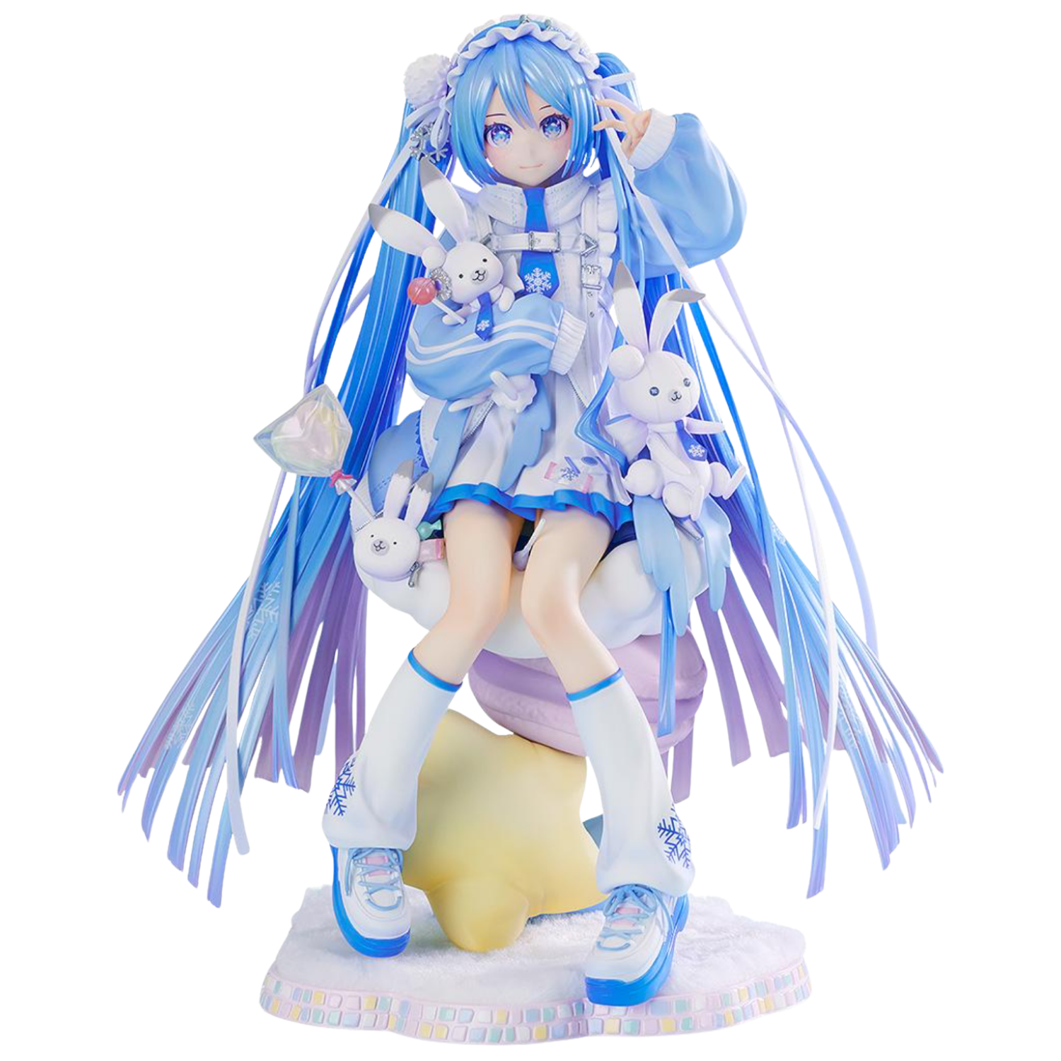 Anime character figurine with blue hair and winter-themed outfit on a white background
