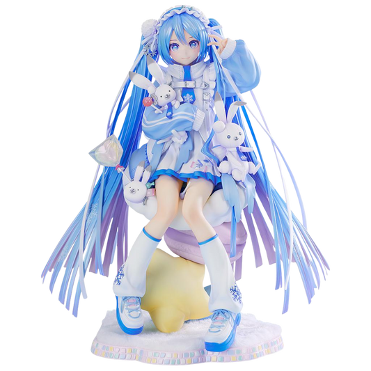Anime character figurine with blue hair and winter-themed outfit on a white background