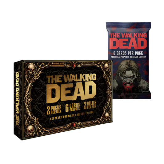 The Walking Dead card game retail packaging on a black background, showing the main box with gold and black ornate artwork and a smaller standing packet behind it labeled 'The Walking Dead Keepsake Premiere Broken Edition' with '6 Cards Per Pack'.