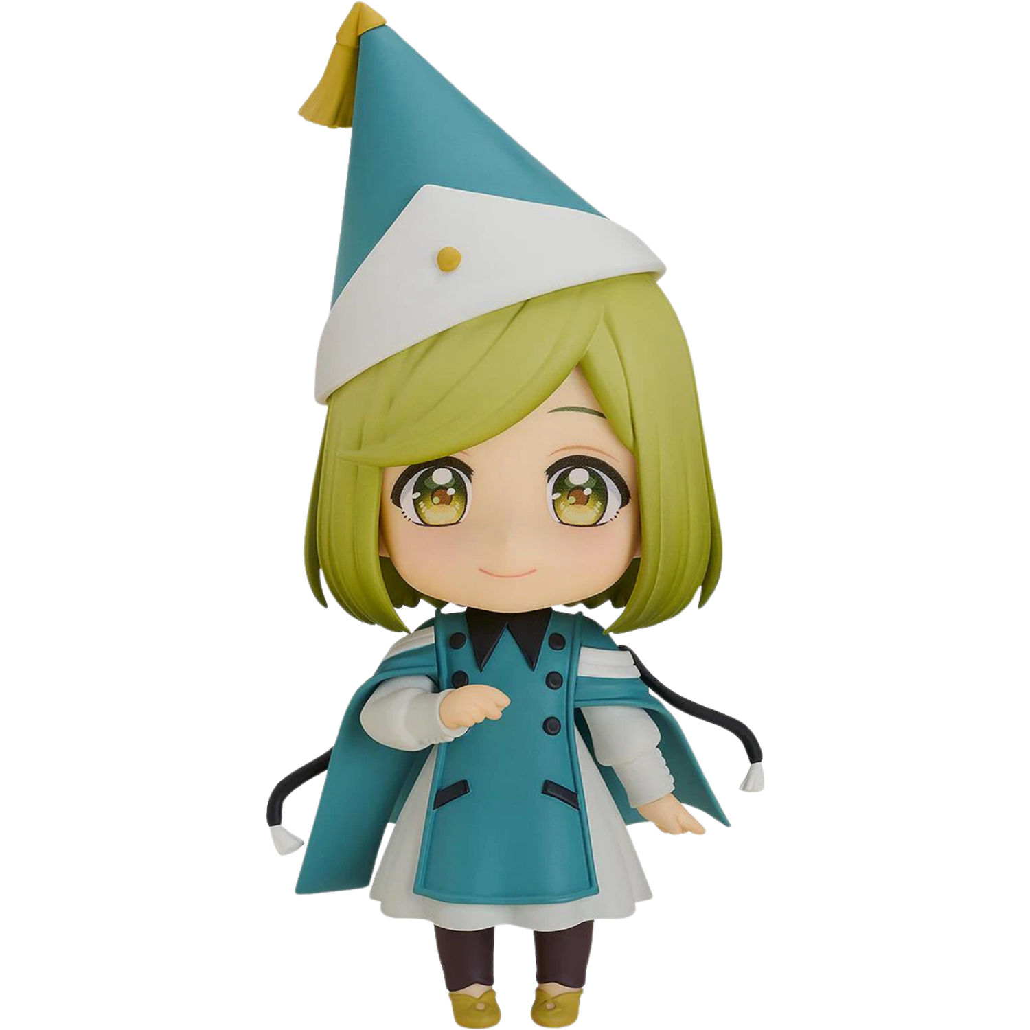 Anime character figurine with green hair and a blue outfit on a white background