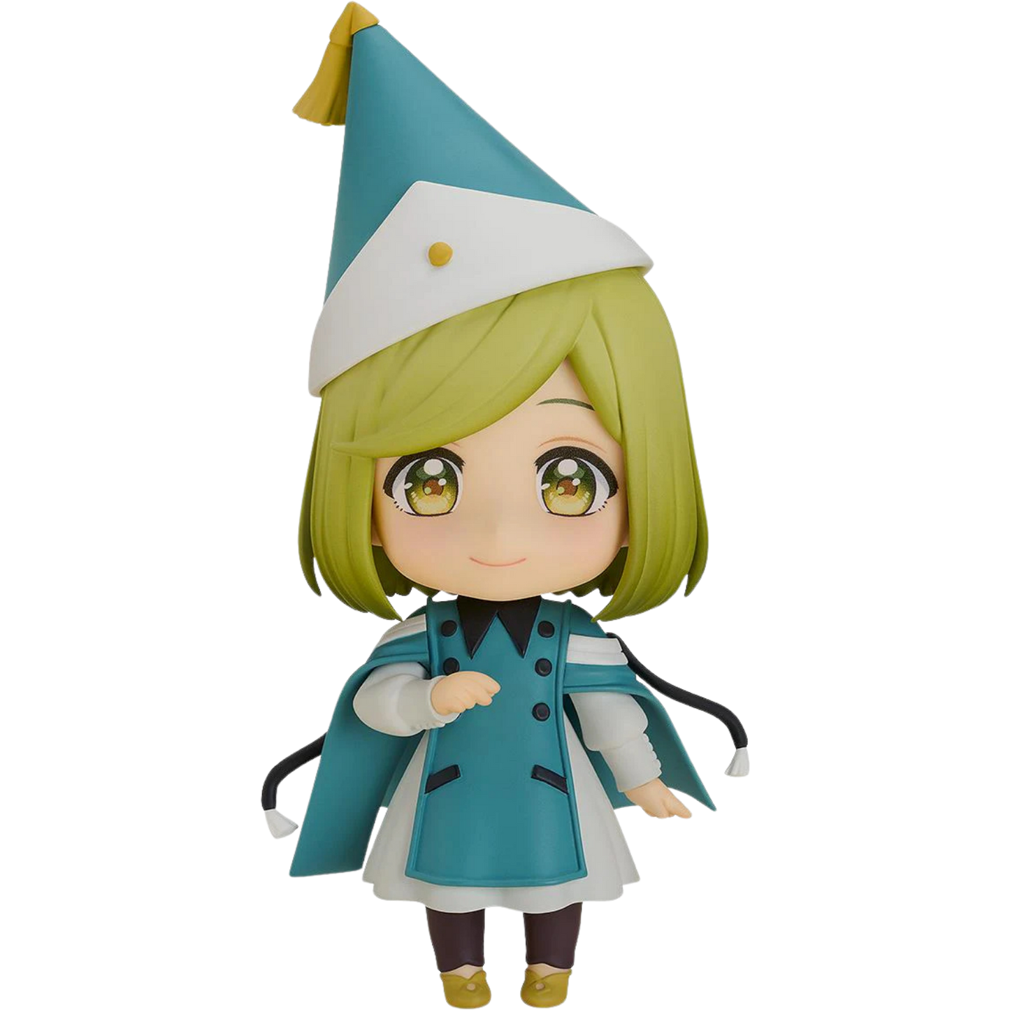 Anime character figurine with green hair and a blue outfit on a white background